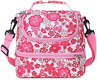 MIER 2 Compartment Kids Small Lunch Box Bag for Boys Girls Toddlers, Adult Leakproof Cooler Insulated Lunch Tote with Shoulder Strap (Pink Flower)