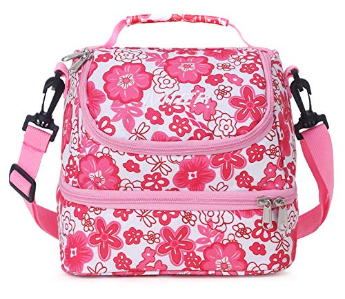 MIER 2 Compartment Kids Small Lunch Box Bag for Boys Girls Toddlers, Adult Leakproof Cooler Insulated Lunch Tote with Shoulder Strap (Pink Flower)