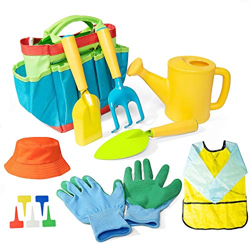 Gonioa Kids Gardening Tool Set, All in One Garden Toys Set Including Kids Watering Can, Children Gardening Gloves, Kids Shovel, Rake, Fork and Garden Tote Bag- Gardening Kit Toys Gift for Toddler