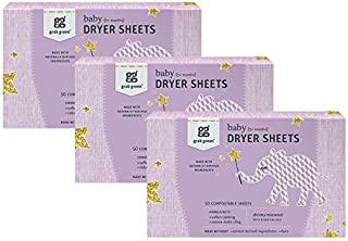 Grab Green (Stage 2) Natural Baby Dryer Sheets (5+ Months), Compostable, Free of Wax & Animal-Derived Ingredients, Dreamy Rosewood Fragrancewith Essential Oils, 50 Sheets (3-Pack)