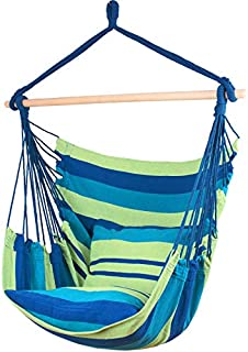 Ankwell Hammock Chair Hanging Rope Swing Seat - 2 Cushions Included - Max 330 Lbs - Quality Cotton Weave for Indoor or Outdoor Spaces (Green-Blue)