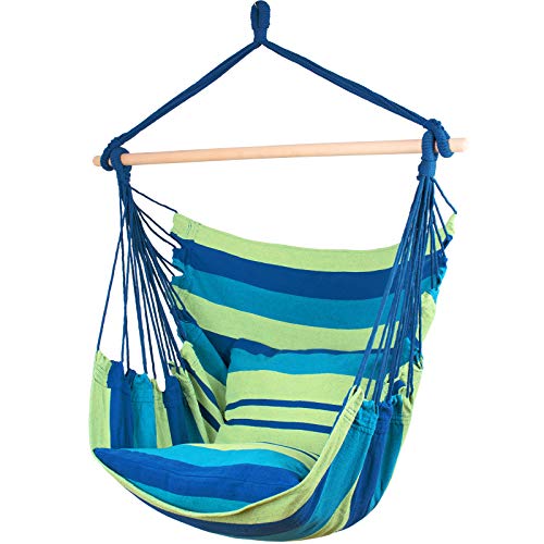 Ankwell Hammock Chair Hanging Rope Swing Seat - 2 Cushions Included - Max 330 Lbs - Quality Cotton Weave for Indoor or Outdoor Spaces (Green-Blue)