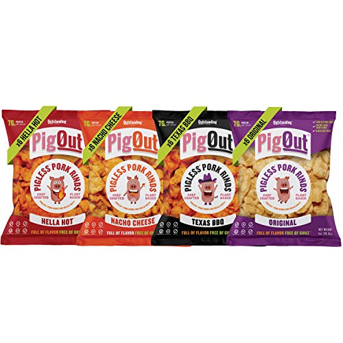 PigOut Pigless Pork Rinds, Variety Pack | Plant Based, High Protein, Low Calorie | Gluten Free, Kosher, Non-GMO | 1 oz, 24 Pack