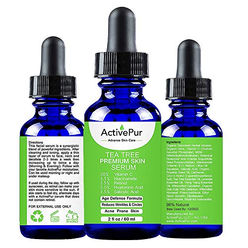 ActivePur Tea Tree Serum Oil for Acne Facial Skin Serum 20% Vitamin C Hyaluronic Acid Retinol treats Hyperpigmentation Wrinkle Anti Aging Dark Spots Blemishes & Acne Scars (Double Size - 2 OZ/60 ml).