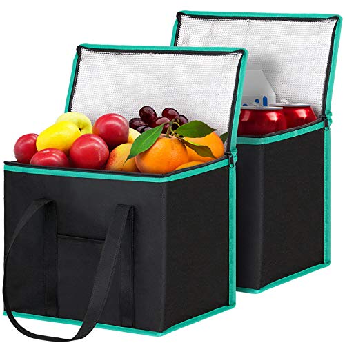 WiseLife Insulated Reusable Shopping Bags Grocery Bags [2 Pack] with Handles,Heavy Duty Produce Bags Food Delivery Bags Cooler Bags w/Zippered Top for Groceries,Food Transport,Travel,Picnic,Camping-GR