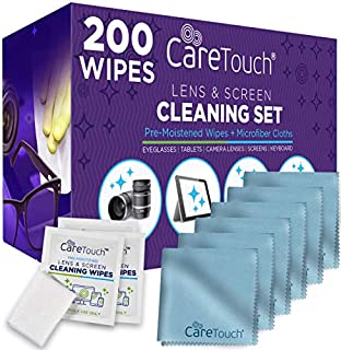 Care Touch Lens Cleaning Wipes with Microfiber Cloths | 200 Lens Cleaning Wipes and 6 Microfiber Cloths | Excellent for Glasses, Laptops, Computer Screens, and Phones