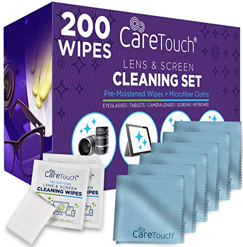 Care Touch Lens Cleaning Wipes with Microfiber Cloths | 200 Lens Cleaning Wipes and 6 Microfiber Cloths | Excellent for Glasses, Laptops, Computer Screens, and Phones