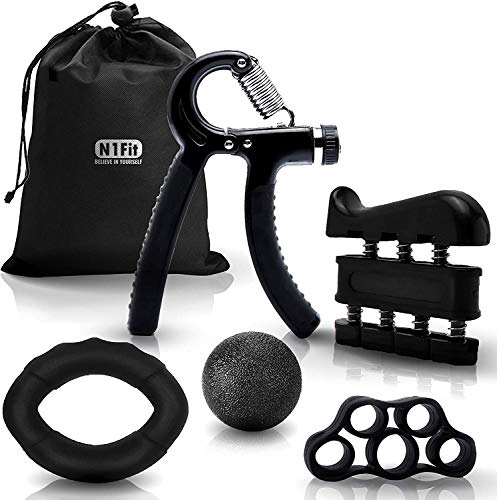 N1Fit Hand Grip Strengthener Workout Kit (5 Pack) Forearm Grip Adjustable Resistance Hand Gripper, Finger Exerciser, Finger Stretcher, Grip Ring & Stress Relief Grip Ball for Athletes