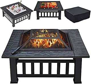 Yaheetech Multifunctional Fire Pit Table 32in Square Metal Firepit Stove Backyard Patio Garden Fireplace for Camping, Outdoor Heating, Bonfire and Picnic