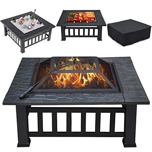 Yaheetech Multifunctional Fire Pit Table 32in Square Metal Firepit Stove Backyard Patio Garden Fireplace for Camping, Outdoor Heating, Bonfire and Picnic