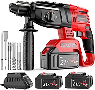 Rotary Hammer Drill, WAKYME SDS-Plus 1/2 inch 21V Cordless Demolition Hammer with 1400RPM and Two 4.0Ah Batteries, Variable Speed, 3-in-1 Mode Brushless Impact Drill with Safety Clutch, 13 Pieces Set