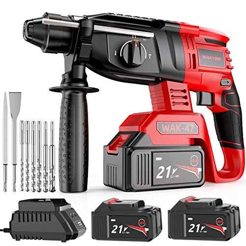 Rotary Hammer Drill, WAKYME SDS-Plus 1/2 inch 21V Cordless Demolition Hammer with 1400RPM and Two 4.0Ah Batteries, Variable Speed, 3-in-1 Mode Brushless Impact Drill with Safety Clutch, 13 Pieces Set