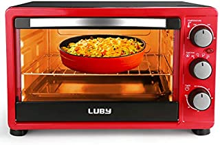 Luby Convection Toaster Oven with Timer, Toast, Broil Settings, Includes Baking Pan, Rack and Crumb Tray, 6-Slice, Red