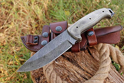 Damascus Bushcraft Knife - Hunting Knife - Handmade Survival Knife, Hand forged Fixed Blade Knife, Camping Knife & Survival Knives, Hunting Knives & Bowie Knives with Micarta Handle & Knife Sheath