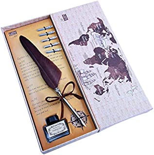 Quill Pen and Ink Set Turkey Feather Pen with 5 Steel Replacement Nibs and Dip Ink Bottle in Vintage Gift Box for Antique Calligraphy - Brown