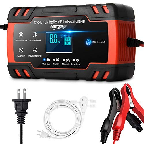 Enhanced Edition Car Battery Charger 12V/8A 24V/4A Compatible Automotive Smart Portable Battery Charger Maintainer/Pulse Repair Charger Pack for Car, Motorcycle, Lawn Mower and More