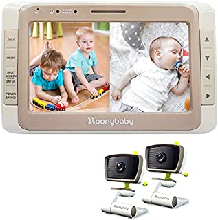 Moonybaby Split 50 Baby Monitor with 2 Cameras and Audio, Large Display with Wide View, Screen Split, Auto Night Vision and Zoom, Sound Activated, Temperature Alert, 2-Way Talk, Range up to 1000ft