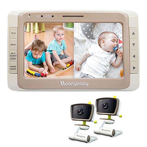 Moonybaby Split 50 Baby Monitor with 2 Cameras and Audio, Large Display with Wide View, Screen Split, Auto Night Vision and Zoom, Sound Activated, Temperature Alert, 2-Way Talk, Range up to 1000ft