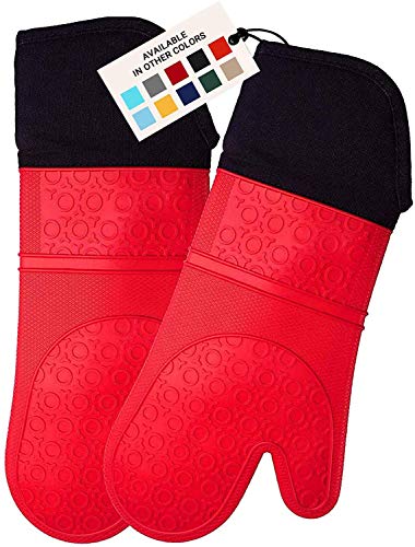 HOMWE Extra Long Professional Silicone Oven Mitt, Oven Mitts with Quilted Liner, Heat Resistant Pot Holders, Flexible Oven Gloves, Red, 1 Pair, 14.7 Inch