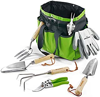 WORKPRO Garden Tools Set, 7 Piece, Stainless Steel Heavy Duty Gardening Tools with Wooden Handle, Including Garden Tote, Gloves, Trowel, Hand Weeder, Cultivator and More-Gardening Gifts For Women Men