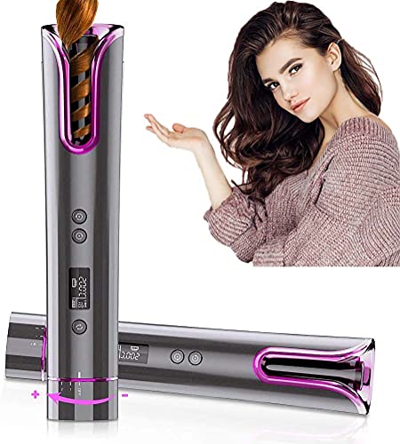 YASMANGO Curling Iron,Cordless Automatic Curling Iron,Rechargeable Portable Hair Curler with 4 Temperature Setting and LCD Display