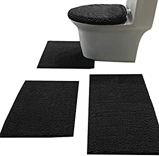 Madeals Bath Rug Set 4 Piece with Toilet Lid Cover and Rug Set Combo, Soft Shaggy Bath Rug Set 3 Piece and U-Shaped Toilet Floor Rug Black