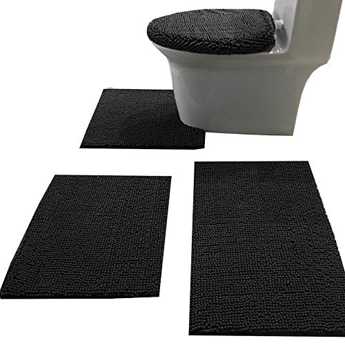 Madeals Bath Rug Set 4 Piece with Toilet Lid Cover and Rug Set Combo, Soft Shaggy Bath Rug Set 3 Piece and U-Shaped Toilet Floor Rug Black