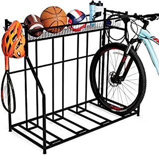 BirdRock Home 4 Bike Stand Rack with Storage  Metal Floor Bicycle Nook  Great for Parking Road, Mountain, Hybrid or Kids Bikes  Garage Organizer - Helmet - Sports Storage Station - Black