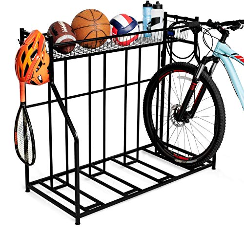 BirdRock Home 4 Bike Stand Rack with Storage  Metal Floor Bicycle Nook  Great for Parking Road, Mountain, Hybrid or Kids Bikes  Garage Organizer - Helmet - Sports Storage Station - Black