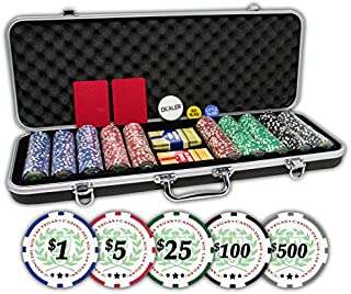 Professional Set of 500 11.5 Gram Casino Del Sol Poker Chips with Denominations and Upgraded Ding Proof Black ABS Case, 2 Decks of Plastic Playing Cards, 2 Cut Cards and Dealer Buttons