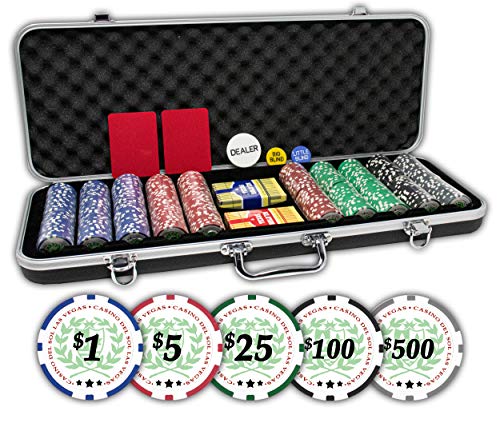 Professional Set of 500 11.5 Gram Casino Del Sol Poker Chips with Denominations and Upgraded Ding Proof Black ABS Case, 2 Decks of Plastic Playing Cards, 2 Cut Cards and Dealer Buttons