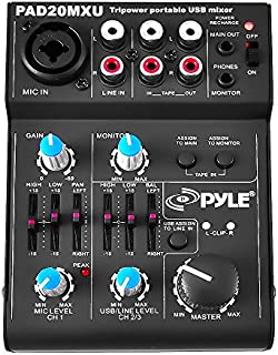 5 Channel Audio Mixer - DJ Sound Controller Interface with USB Soundcard for PC Recording, XLR 3.5mm Microphone Jack, 18V Power, RCA Input and Output for Professional and Beginners - Pyle PAD20MXU