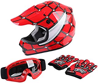 XFMT DOT Youth Kids Motocross Offroad Street Dirt Bike Helmet Youth Motorcycle ATV Helmet with Goggles Gloves Red Spider M