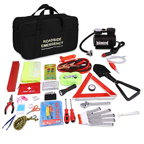 Adakiit Car Emergency Kit, Multifunctional Roadside Assistance,Auto Emergency Kit with Jumper Cables,Tow Rope,Triangle,Flashlight,Tire Pressure Gauges,Safety Hammer (99-in-1)