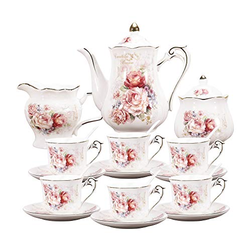 fanquare 15 Pieces Porcelain Vintage Tea Set,Rose Flowers Tea Party Set for Women,Adults,China Coffee Set