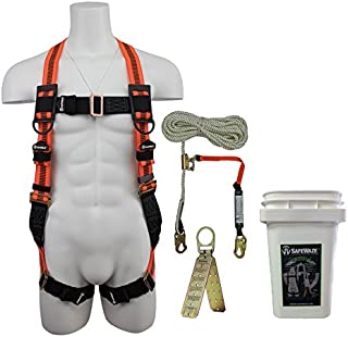 SafeWaze All-in-One V-Line Fall Protection Roofer's Kit | Full Body Safety Harness with Waist Belt, Premium Rope Lifeline with Rope Grab and Reusable Roof Anchor, OSHA/ANSI Compliant (FS-ROOF-E)