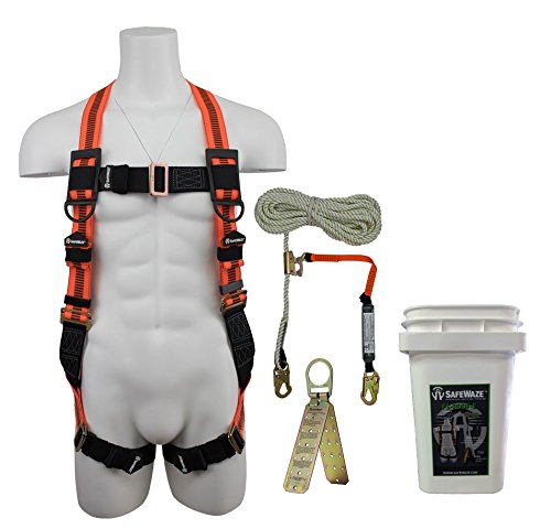 SafeWaze All-in-One V-Line Fall Protection Roofer's Kit | Full Body Safety Harness with Waist Belt, Premium Rope Lifeline with Rope Grab and Reusable Roof Anchor, OSHA/ANSI Compliant (FS-ROOF-E)