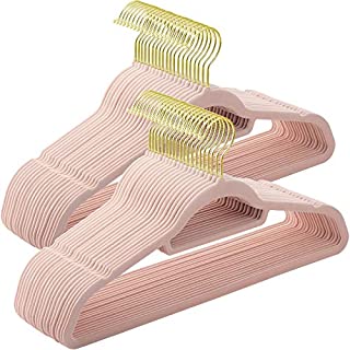 SONGMICS Velvet Hangers with Gold Hooks, Pack of 50 Non-Slip Velvet Hangers, 0.2-Inch Thick and Space-Saving, Heavy-Duty Hangers for Clothes, Coats, Jackets, Shirts, Light Pink UCRF020P01