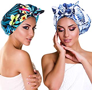 2 Pieces Shower Cap Waterproof Bowknot Bathing Caps Reusable Shower Hat Shower Cap Bonnet Adjustable Shower Hat for Women Girls Short Long Hair, Floral Style