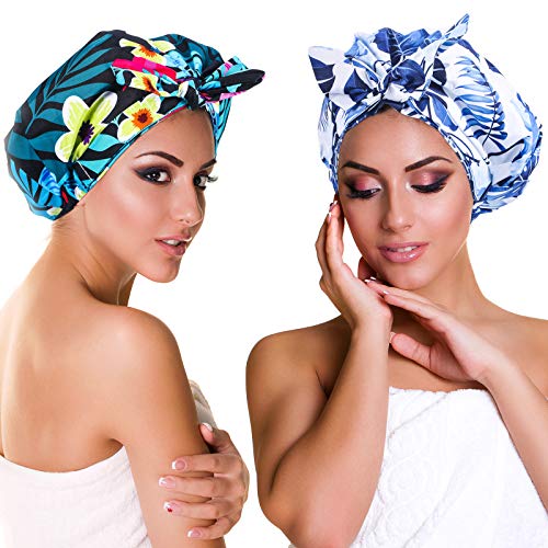 2 Pieces Shower Cap Waterproof Bowknot Bathing Caps Reusable Shower Hat Shower Cap Bonnet Adjustable Shower Hat for Women Girls Short Long Hair, Floral Style