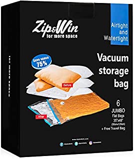 Zip&Win Vacuum Storage Bags 35''x48'' Jumbo Size, Pack of 6 Pieces Space Saver Bags for Seasonal Clothes, Duvets, Pillows, Blankets (+Free Travel Bag)