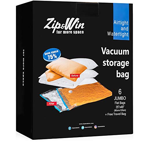 Zip&Win Vacuum Storage Bags 35''x48'' Jumbo Size, Pack of 6 Pieces Space Saver Bags for Seasonal Clothes, Duvets, Pillows, Blankets (+Free Travel Bag)