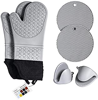 Velusa Oven Mitts - Silicone, Extra Long and Slip Resistant - Includes Mini Oven Mitts and Hot Pads - Perfect for Kitchen, Baking Cooking, Protecting Hands - Gray