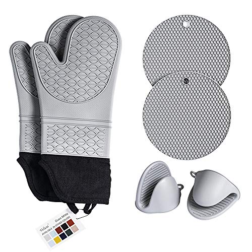 Velusa Oven Mitts - Silicone, Extra Long and Slip Resistant - Includes Mini Oven Mitts and Hot Pads - Perfect for Kitchen, Baking Cooking, Protecting Hands - Gray