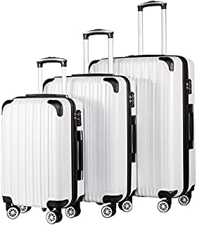 Coolife Luggage Expandable 3 Piece Sets PC+ABS Spinner Suitcase 20 inch 24 inch 28 inch (white grid)