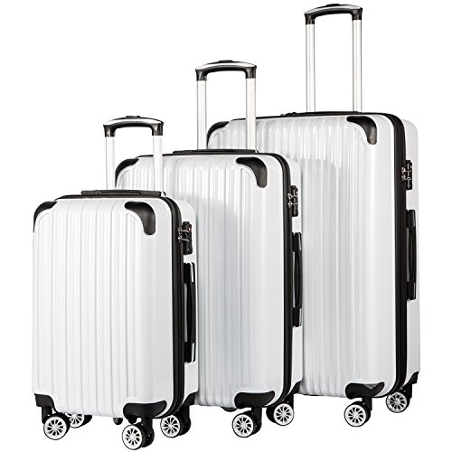 Coolife Luggage Expandable 3 Piece Sets PC+ABS Spinner Suitcase 20 inch 24 inch 28 inch (white grid)