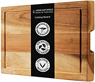 Home Naturals Cutting Board - Acacia Wood Chopping, Charcuterie Block with Side Handle and Meat Juice Drip Groove- Hard & Thick Wooden Food Prep & Serving Tray - 18.9