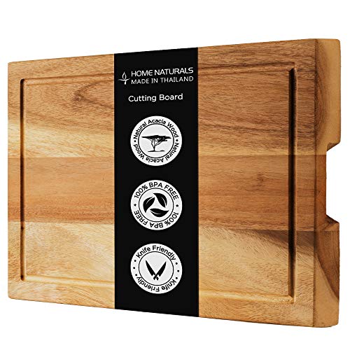 Home Naturals Cutting Board - Acacia Wood Chopping, Charcuterie Block with Side Handle and Meat Juice Drip Groove- Hard & Thick Wooden Food Prep & Serving Tray - 18.9