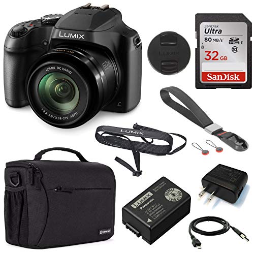 Panasonic Lumix DC-FZ80 4K Digital Camera, 18.1 Megapixel, 60x Zoom 20-1200mm Lens Essential Bundle with Peak Design Wrist Strap, Case, 32GB SD Card