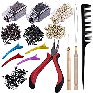 Duufin Hair Extensions Tools Kit 1500 Pcs Micro Ring Beads(Black, Blonde and Brown) 1 Micro Beads Plier 2 Hook Needle Pulling Loop 4 Plastic Alligator Clips 1 Comb and 2 Bags Black Mini Rubber Bands